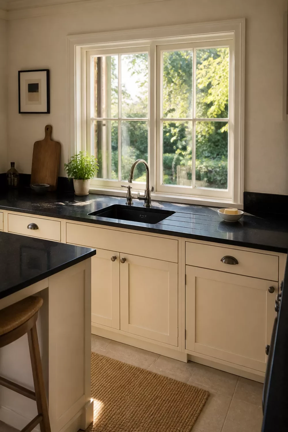 Cream kitchen with black countertops featuring an integrated drainer sink and chrome bridge faucet over a garden window