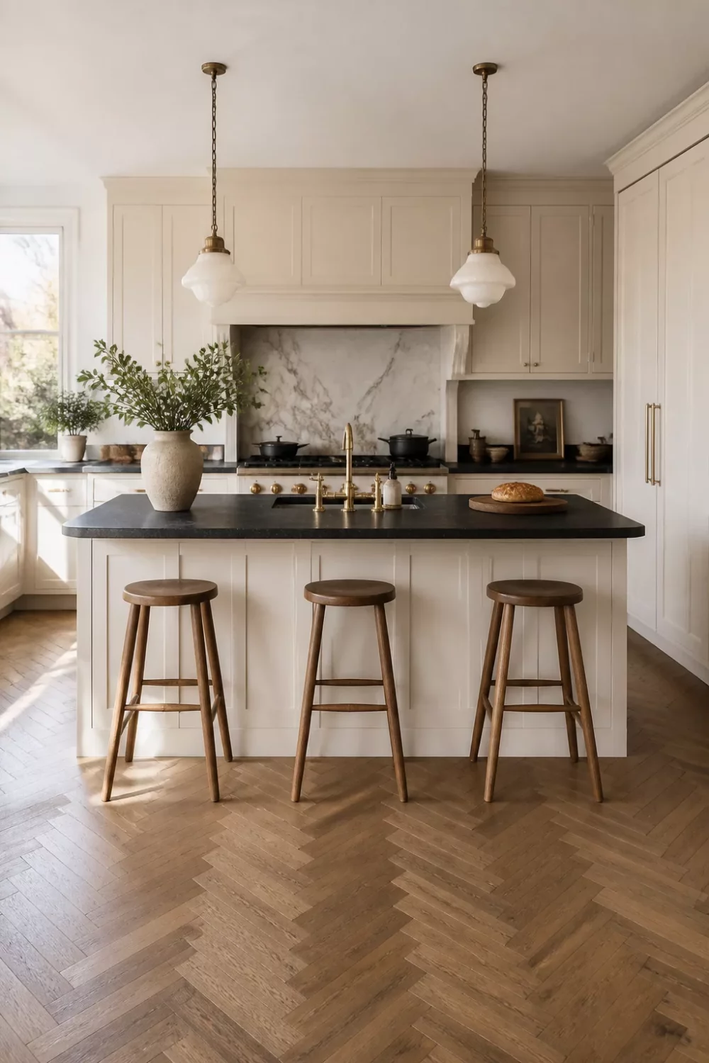 Cream kitchen with black countertops, herringbone oak floor, brass schoolhouse pendants, and a marble hood surround
