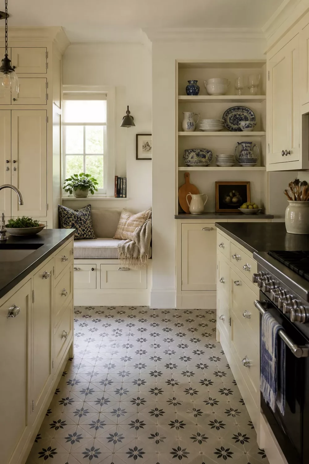 Cream kitchen with black soapstone countertops, patterned encaustic floor tiles, and a cozy window seat nook