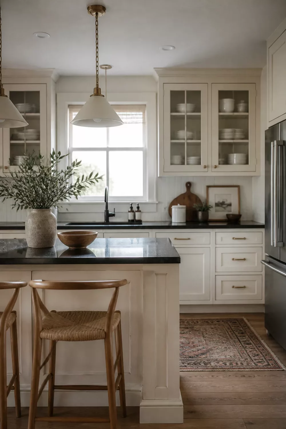 Cream kitchen with black countertops featuring glass-front upper cabinets, black granite island, and brass hardware
