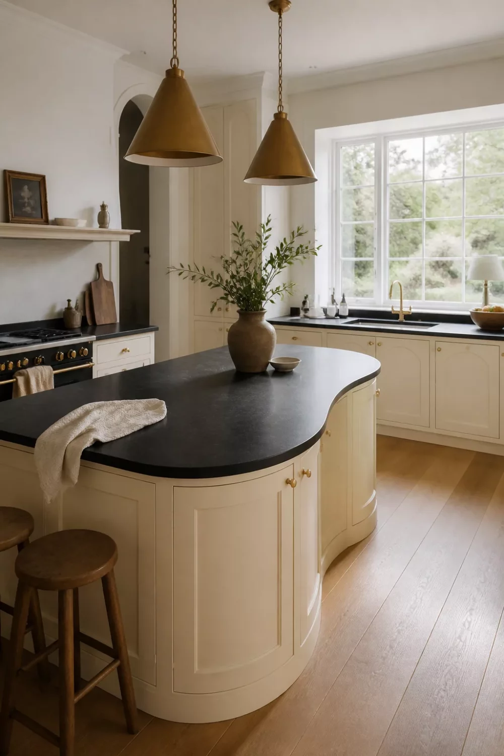 Cream kitchen with black countertops featuring a curved island, antique brass cone pendants, and oak floors