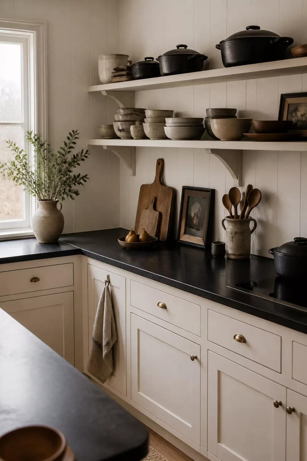 Cream kitchen with black countertops featuring open shelving, stoneware bowls, cast iron pots and wooden cutting boards