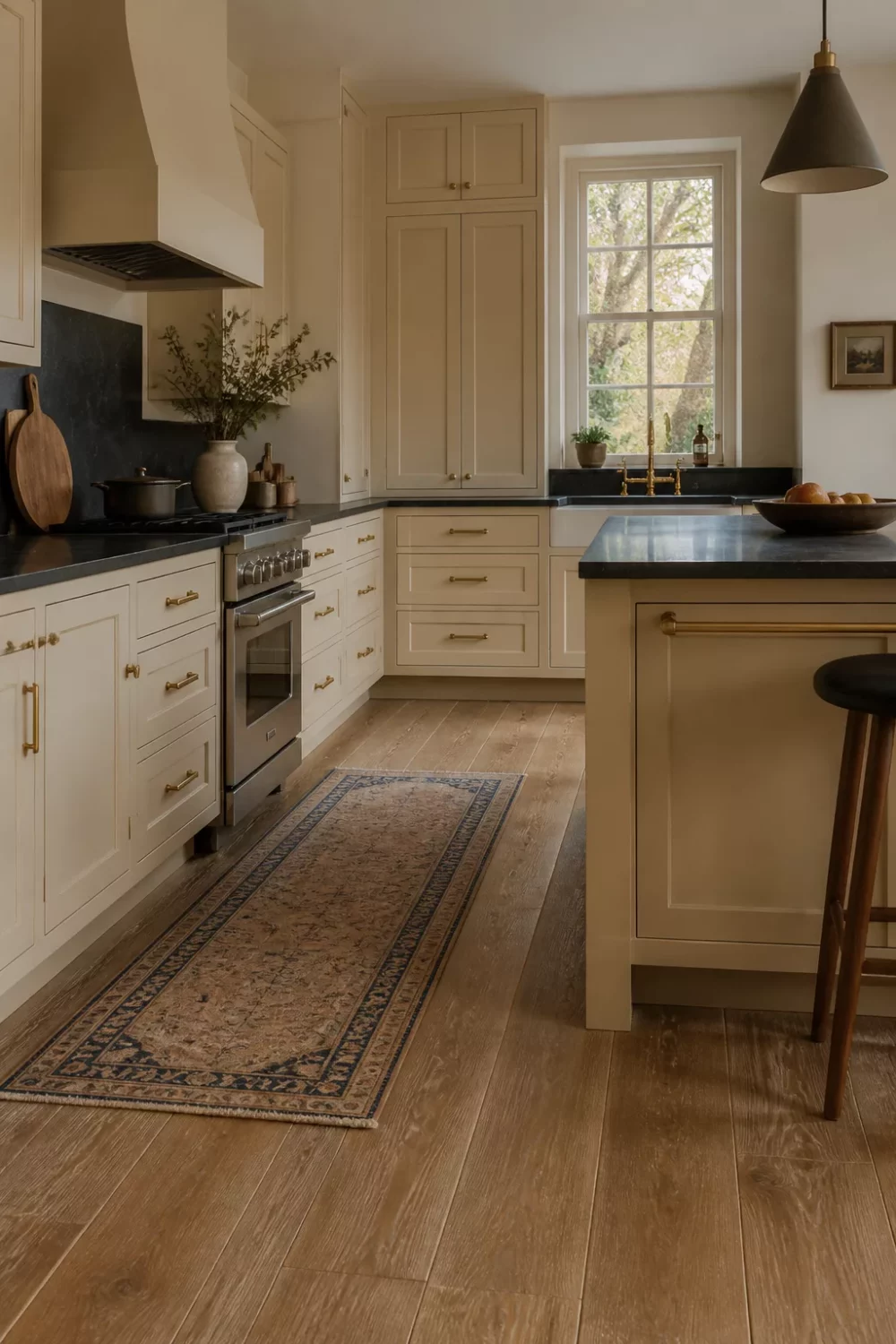 Cream kitchen with black countertops, wide-plank oak floors, a vintage runner rug, and brass cabinet hardware