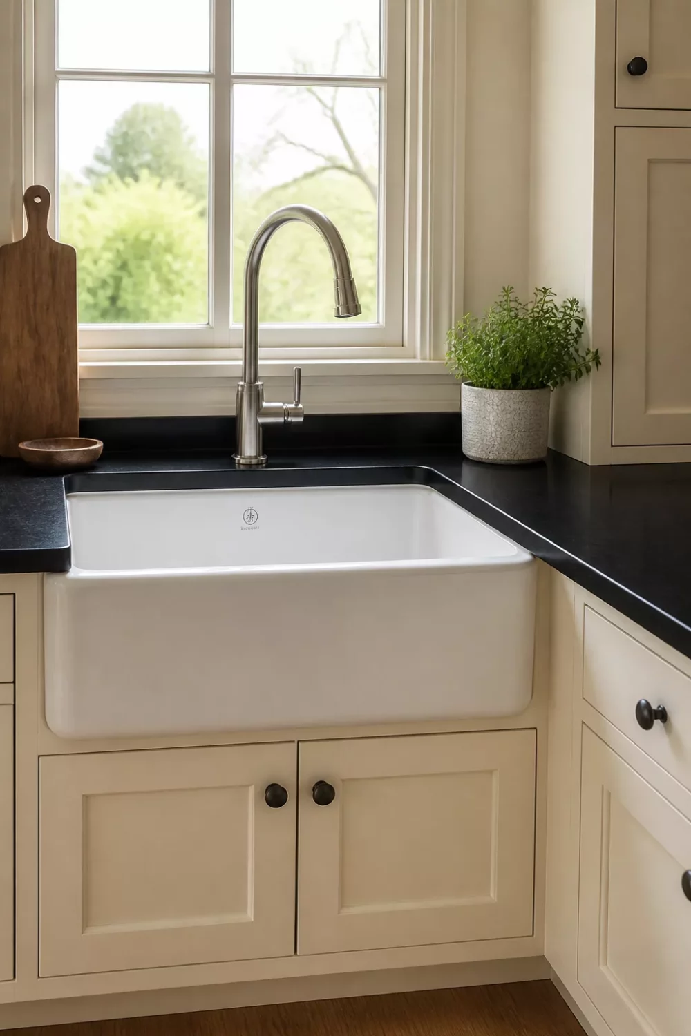 Cream kitchen with black quartz countertops featuring a white farmhouse apron sink and brushed nickel faucet