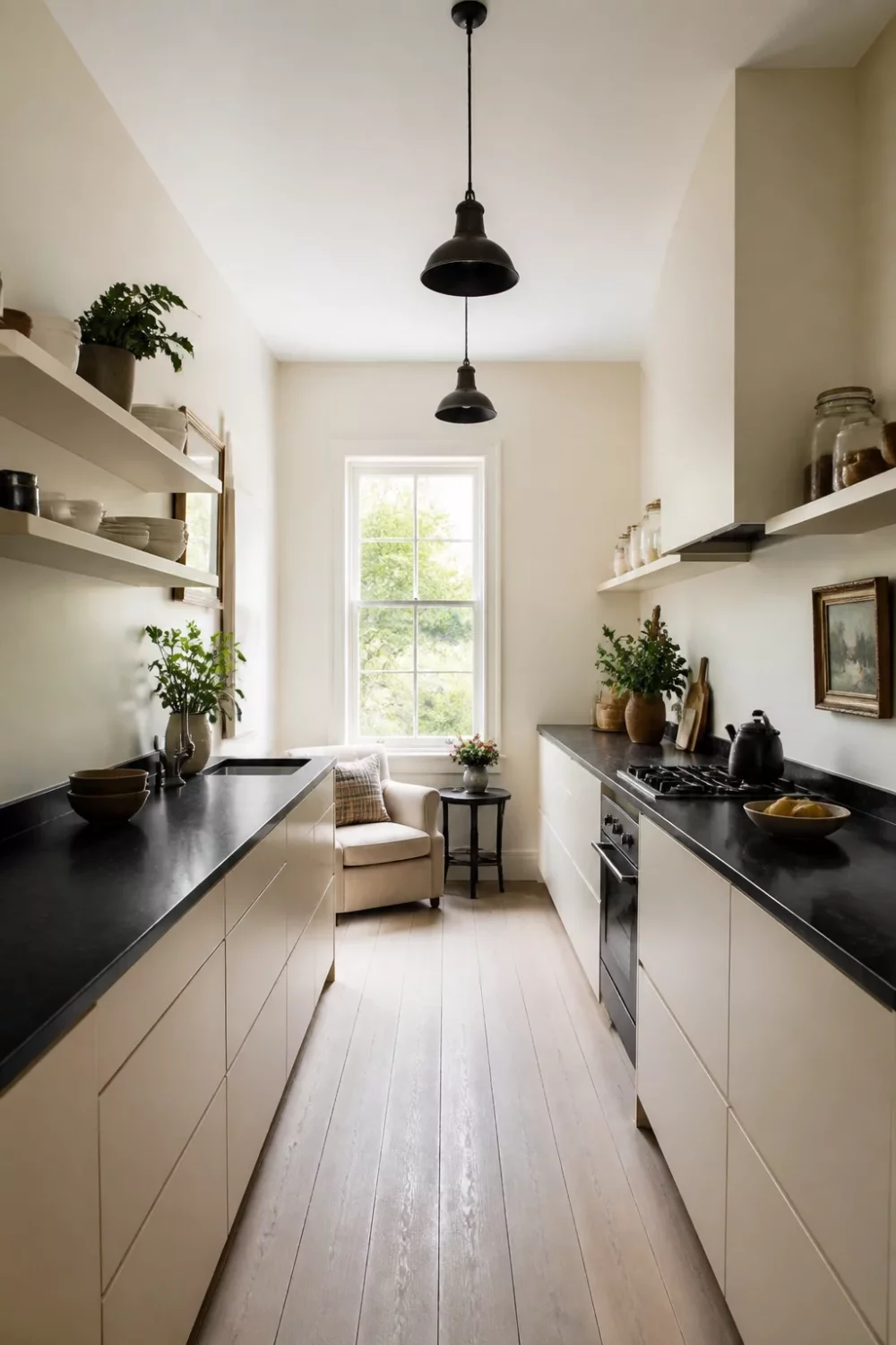 Cream kitchen with black countertops in a galley layout with flat-panel cabinets, matte black surfaces, and pale wood floors