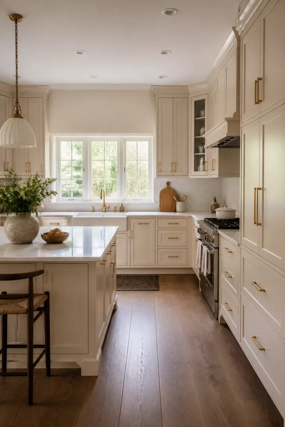 Cream kitchen with brass handles featuring classic shaker cabinets, polished brass bar pulls, and wide-plank hardwood floors