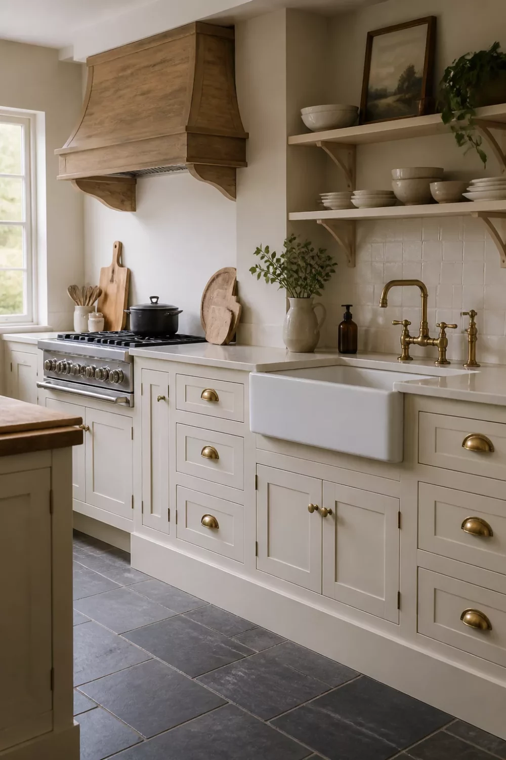 Cream kitchen with brass handles, inframe cabinets, farmhouse sink, wood range hood, and slate tile floor