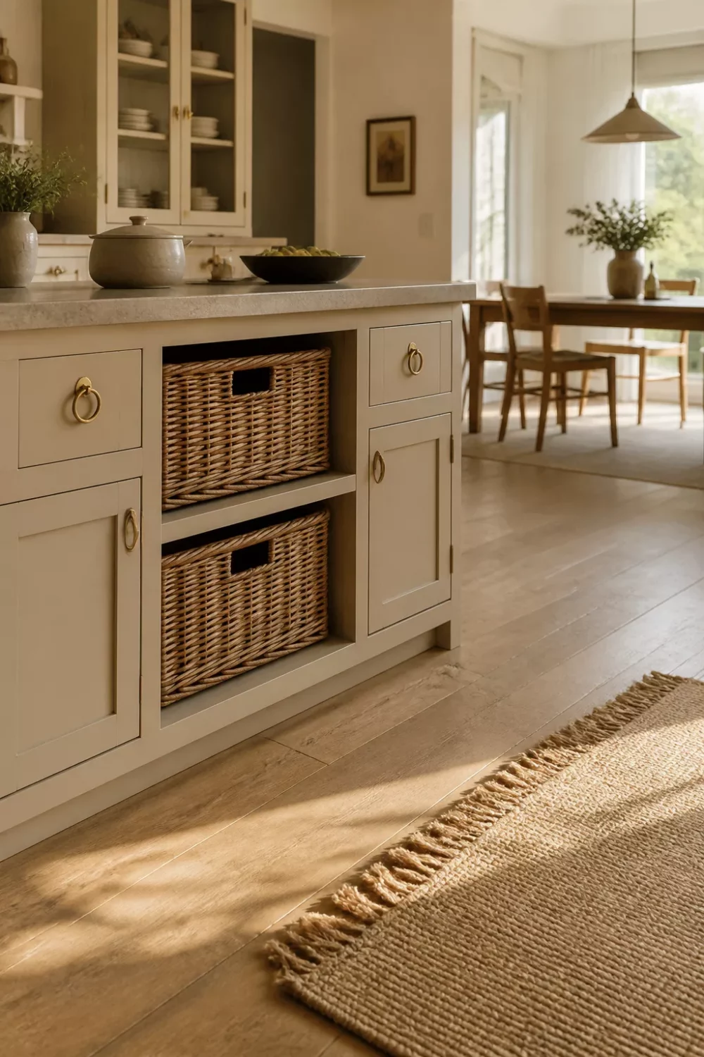 Cream kitchen with brass ring pull handles, open rattan basket storage in island, and light wood floors