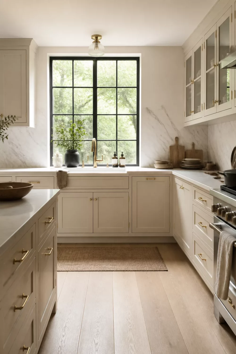 Cream kitchen with brass handles, marble backsplash, and black steel casement window above the sink