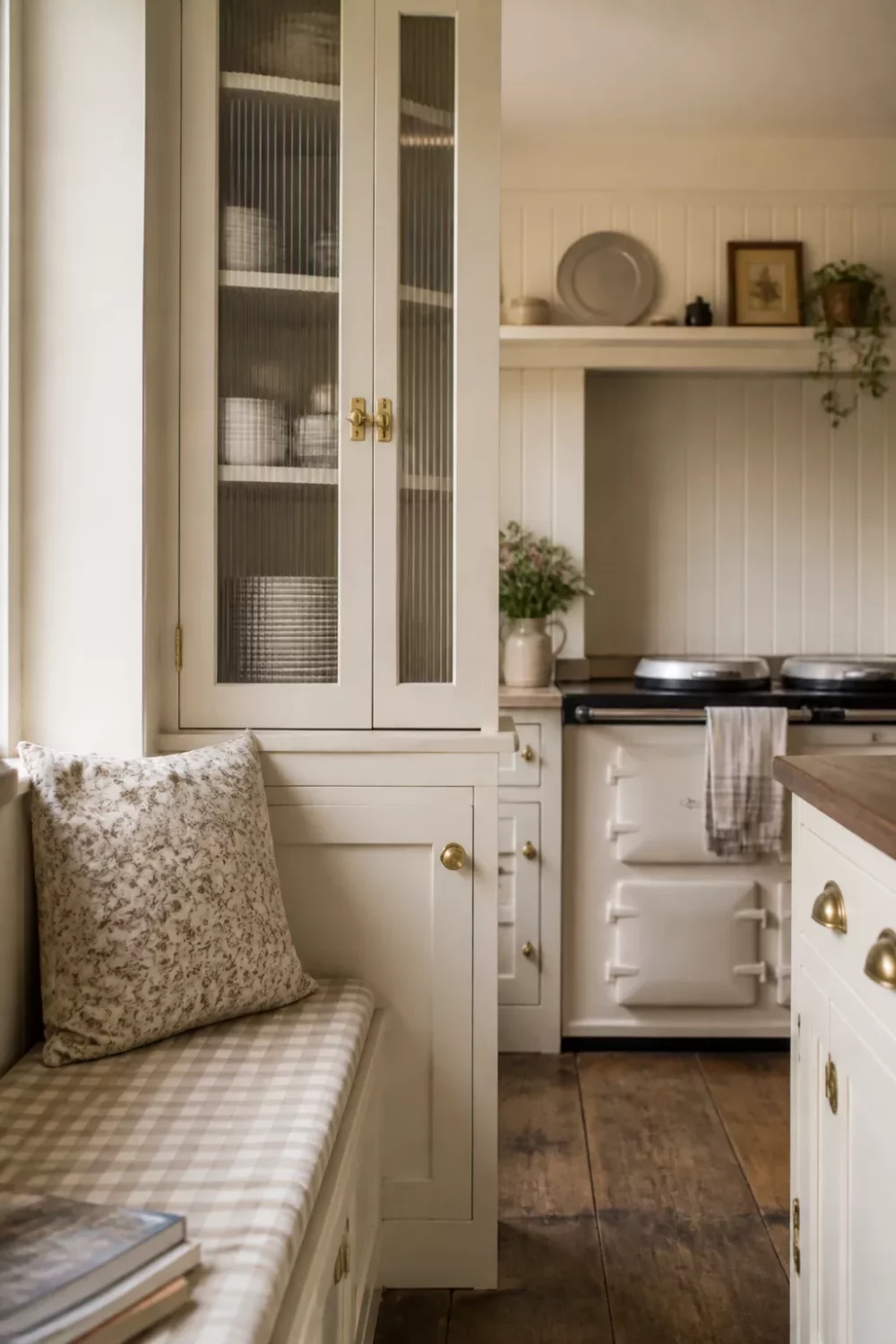 Cream kitchen with brass handles, fluted glass cabinet doors, built-in bench seat, and a cream Aga range