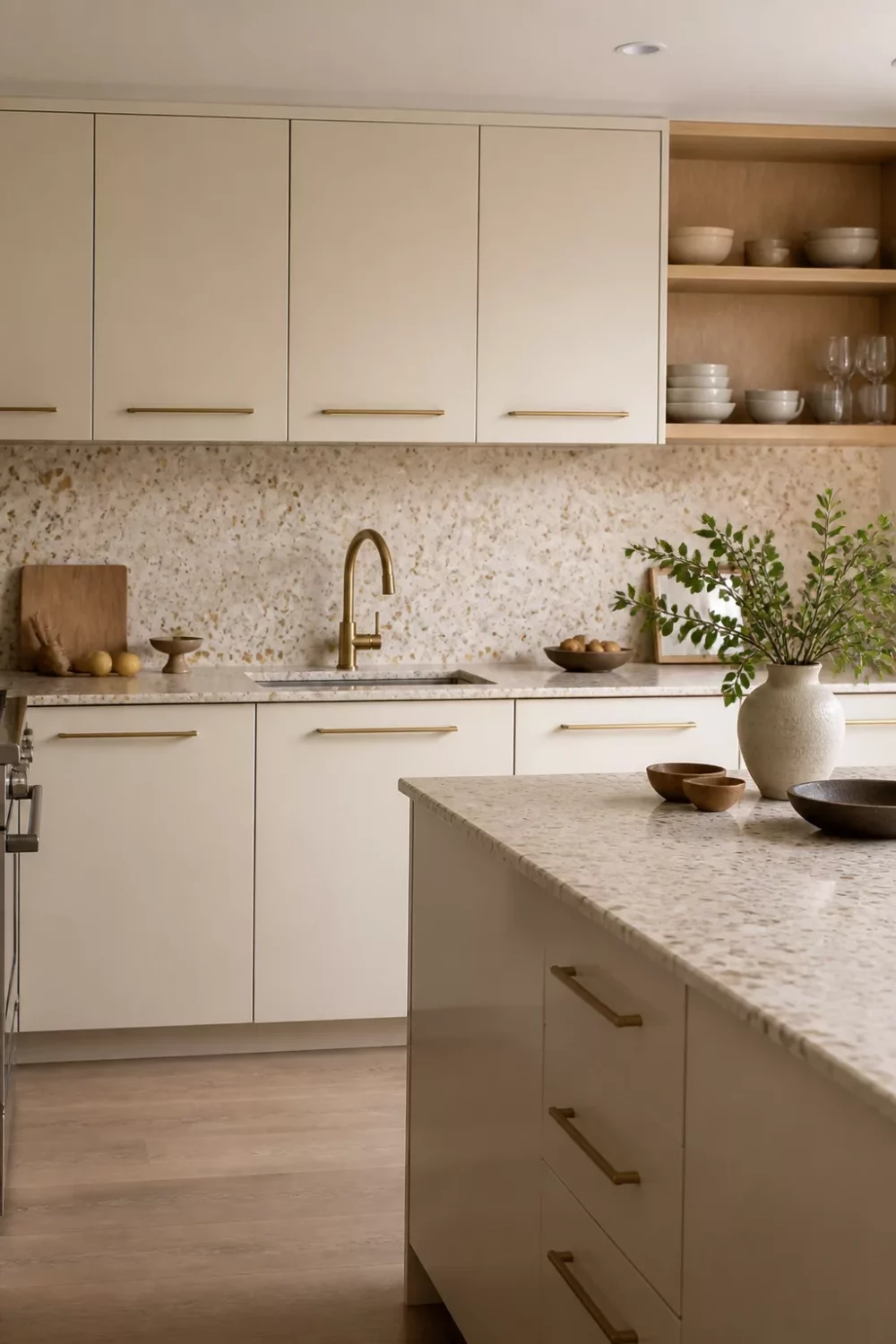 Cream kitchen with brass handles, terrazzo backsplash and matching speckled stone countertops