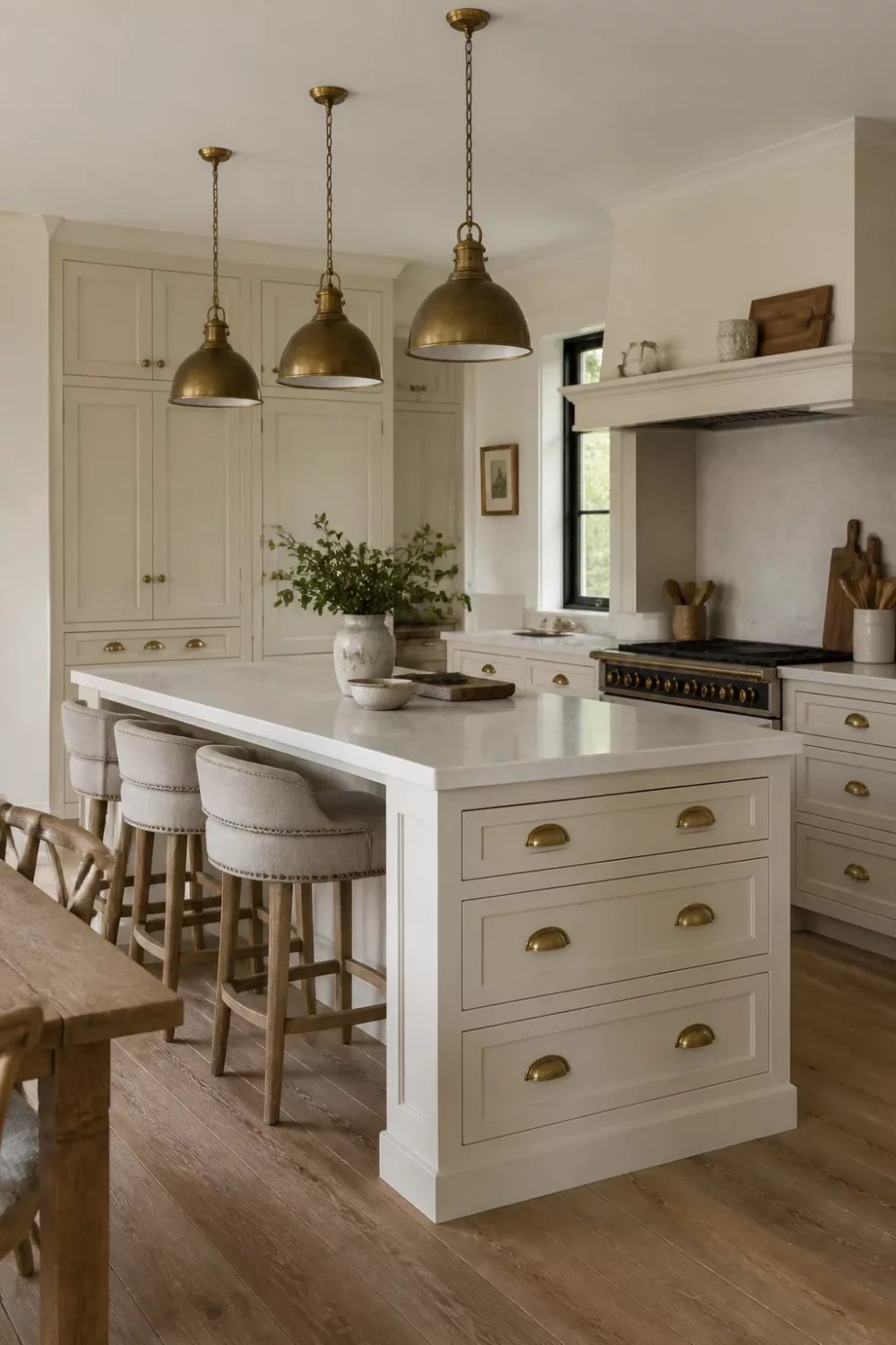 Cream kitchen with brass handles featuring dome pendants, cup pull drawers, linen stools and oak floors