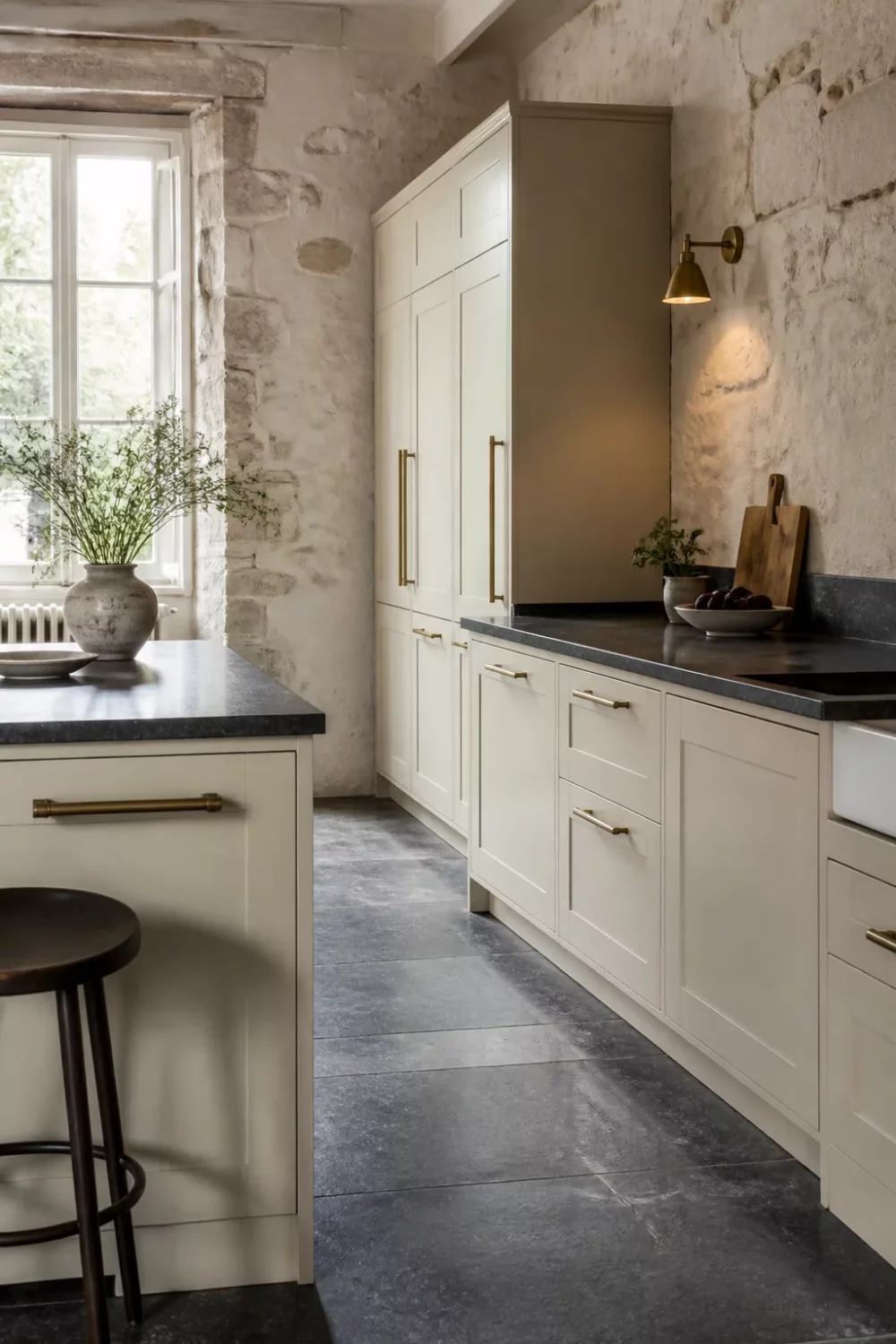 Cream kitchen with brass handles, dark slate floor, exposed stone walls, and honed black countertops