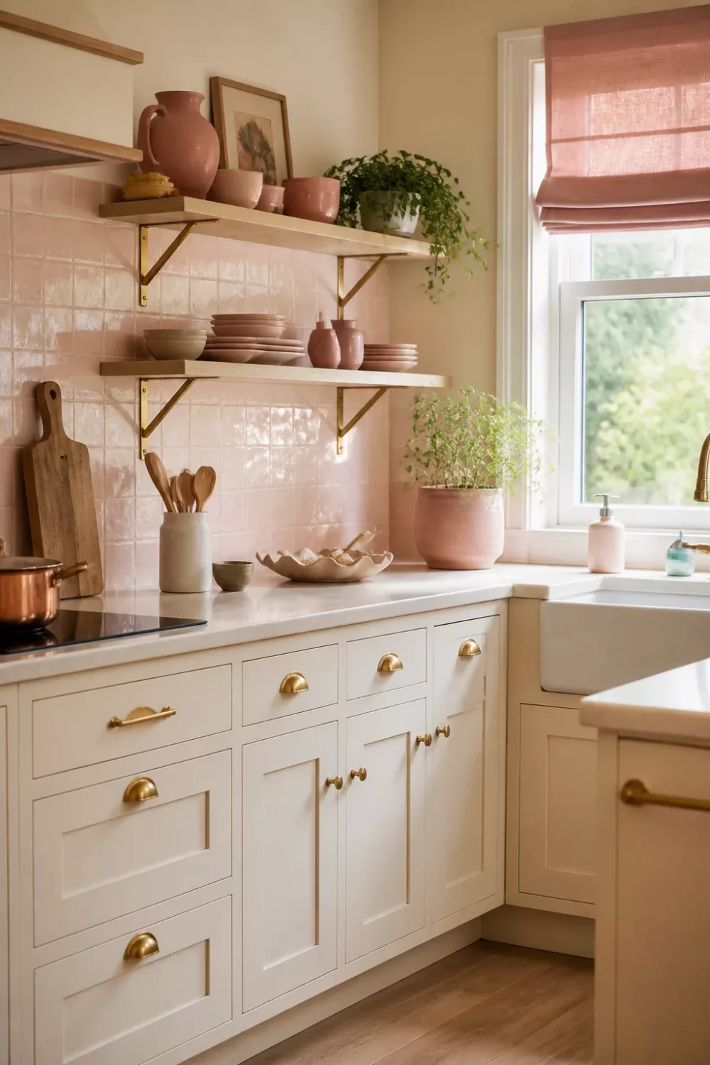 Cream kitchen with brass handles, pink zellige backsplash, open shelving, and a farmhouse sink by a window.