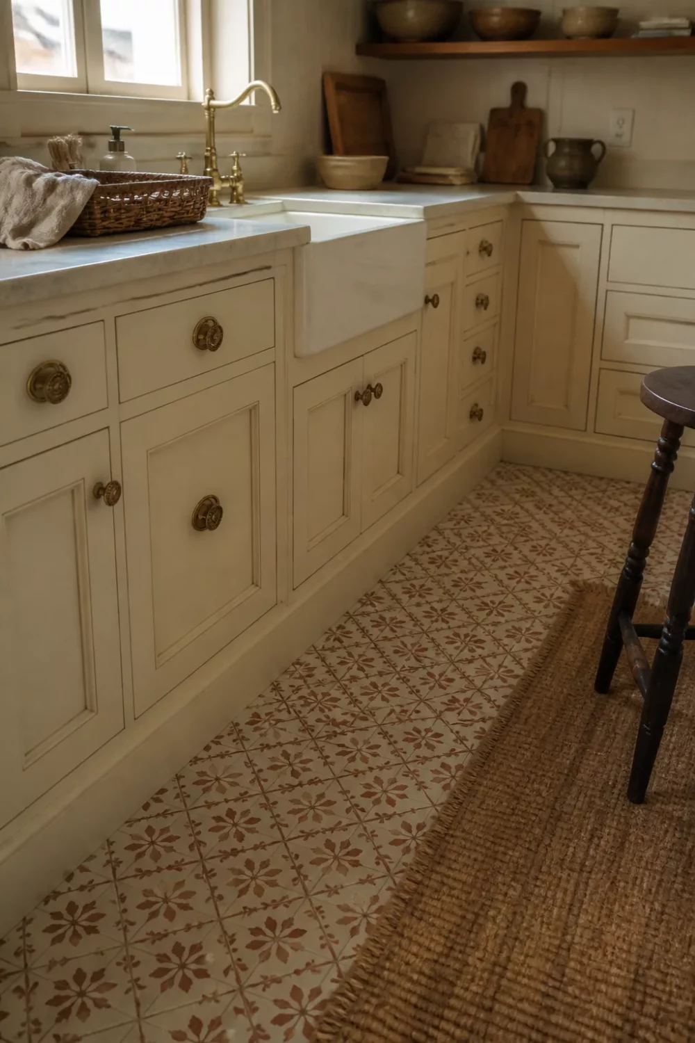 Cream kitchen with brass rosette knobs, encaustic patterned floor tiles, farmhouse sink, and jute runner