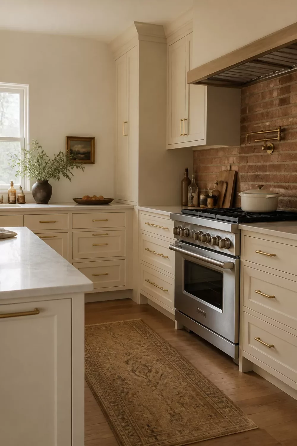 Cream kitchen with brass handles, exposed brick backsplash, brass pot filler, and stainless range on light wood floor