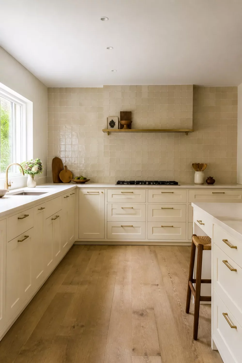 Cream kitchen with brass handles, zellige tile backsplash, U-shaped shaker cabinets and wide oak plank flooring