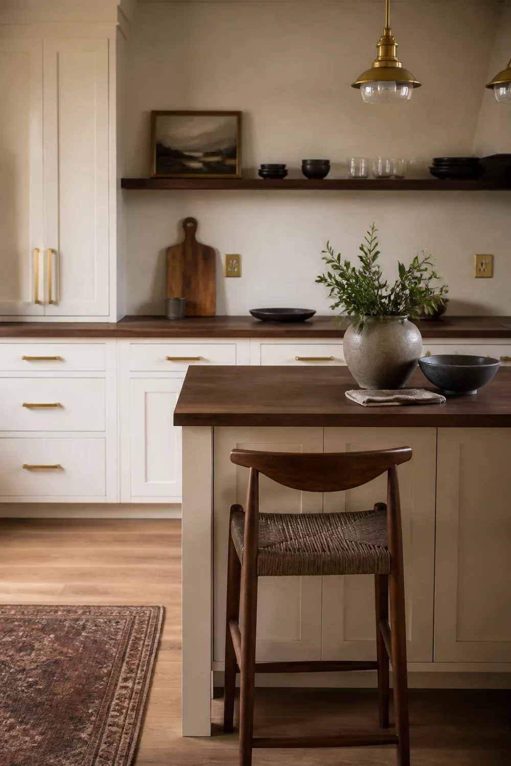 Cream kitchen with brass handles, dark walnut countertops, woven counter stool and brass pendant lights
