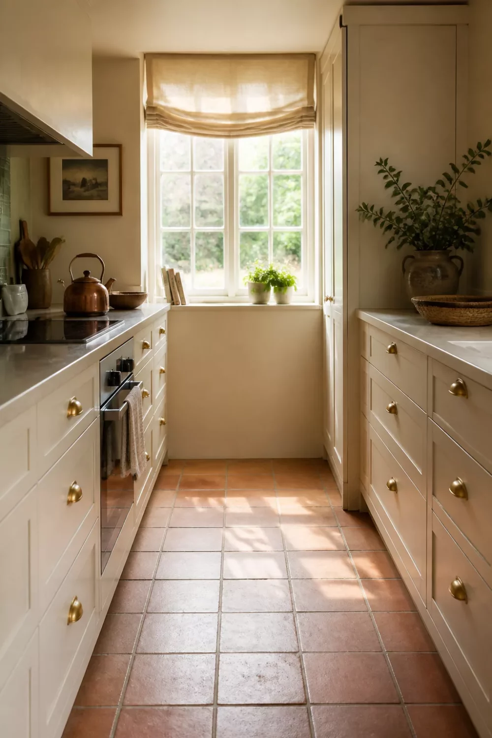 Narrow cream kitchen with brass handles, terracotta floor tiles and linen Roman blind in a galley layout
