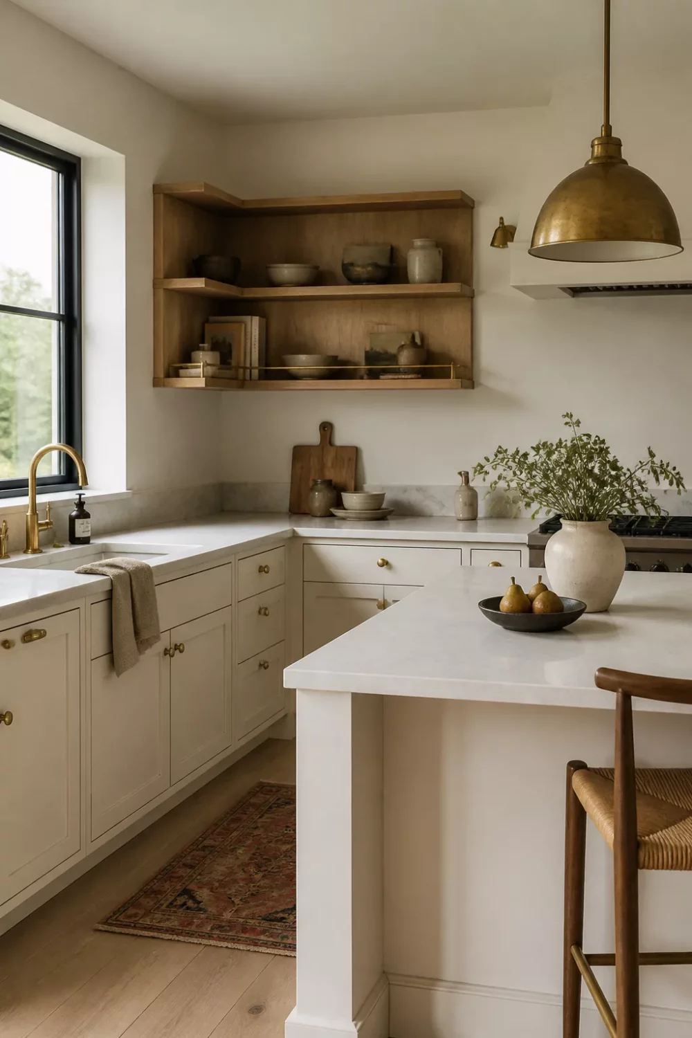Cream kitchen with brass handles, open oak shelving, brass dome pendant light, and marble-look island countertop