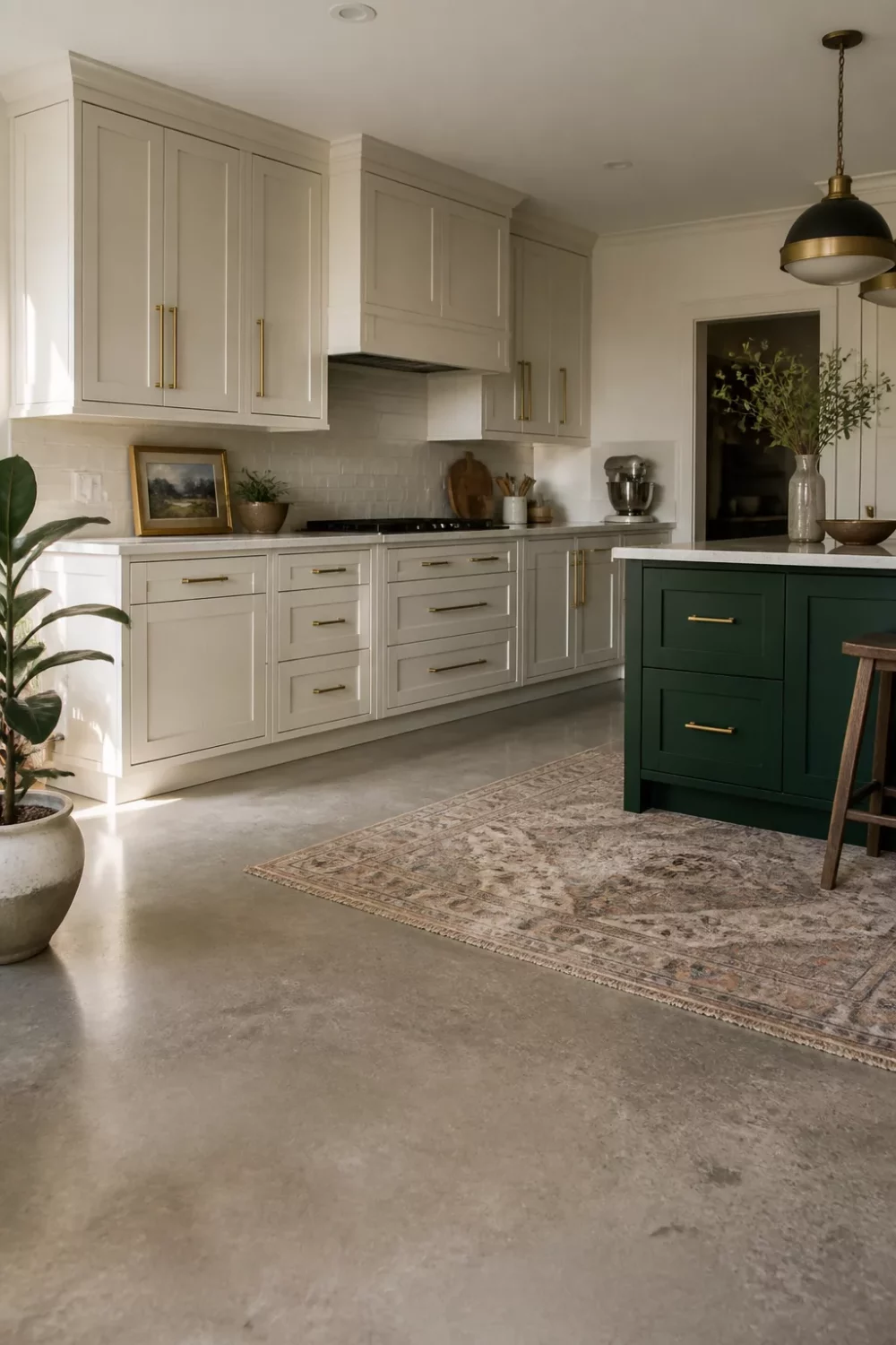 Cream kitchen with brass handles and a deep forest green island on polished concrete floors