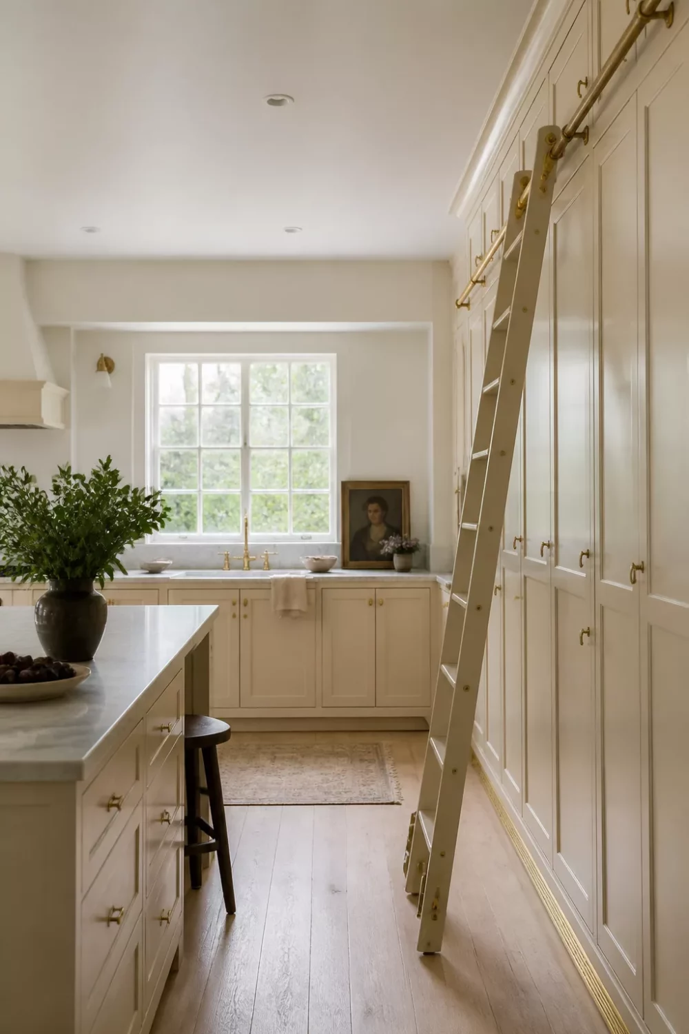 Cream kitchen with brass handles, ceiling-height cabinetry, brass D-ring pulls, and a rolling library ladder