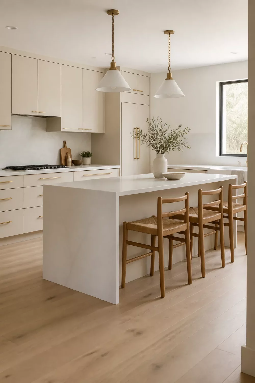 Minimalist cream kitchen with brass handles, flat-front cabinets, oak floors, and white waterfall island