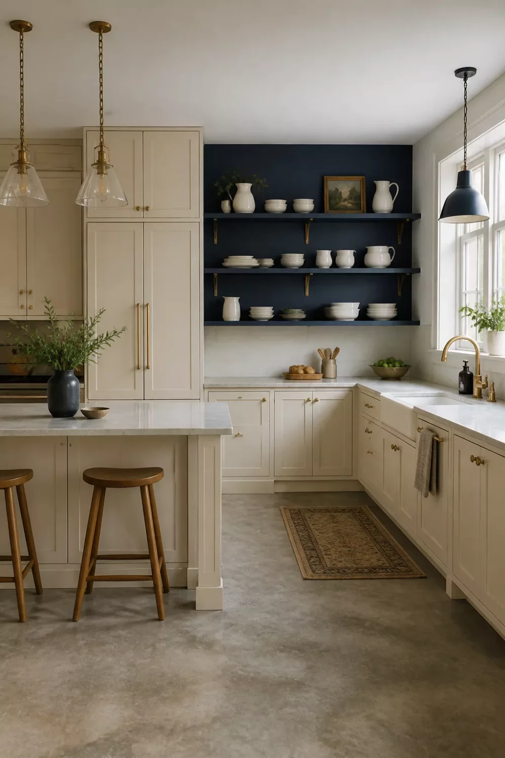 Cream kitchen with brass handles, navy blue open shelving, concrete floors, and white ceramics on display