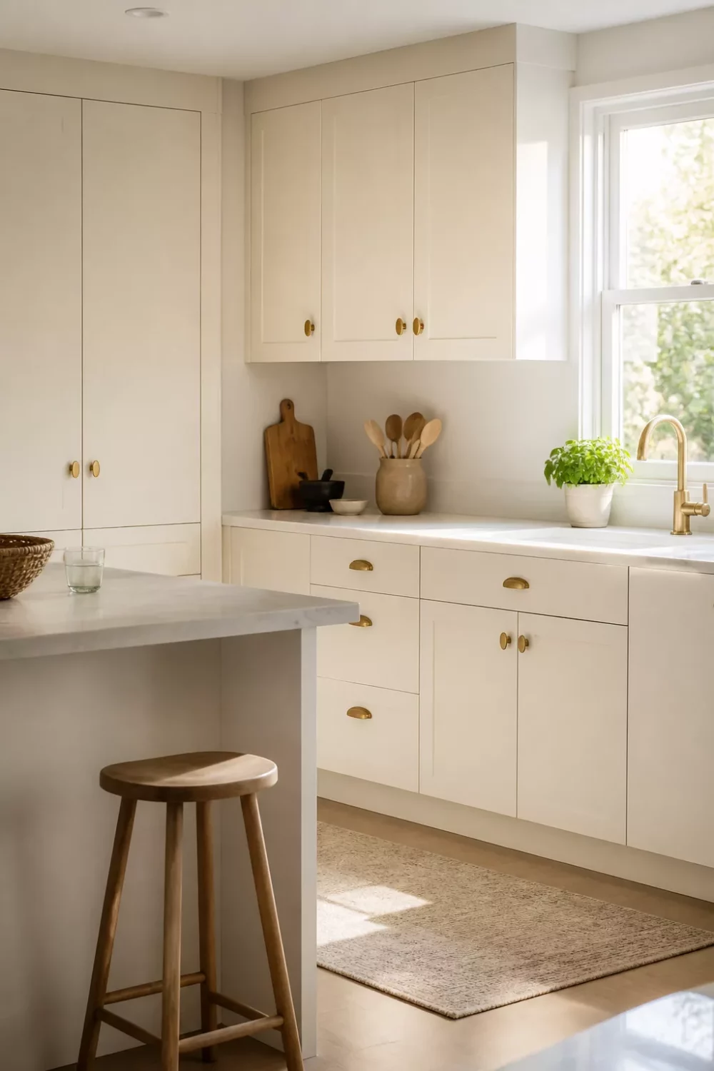 Cream kitchen with brass handles featuring matte brass oval knobs on shaker cabinets and a stone island