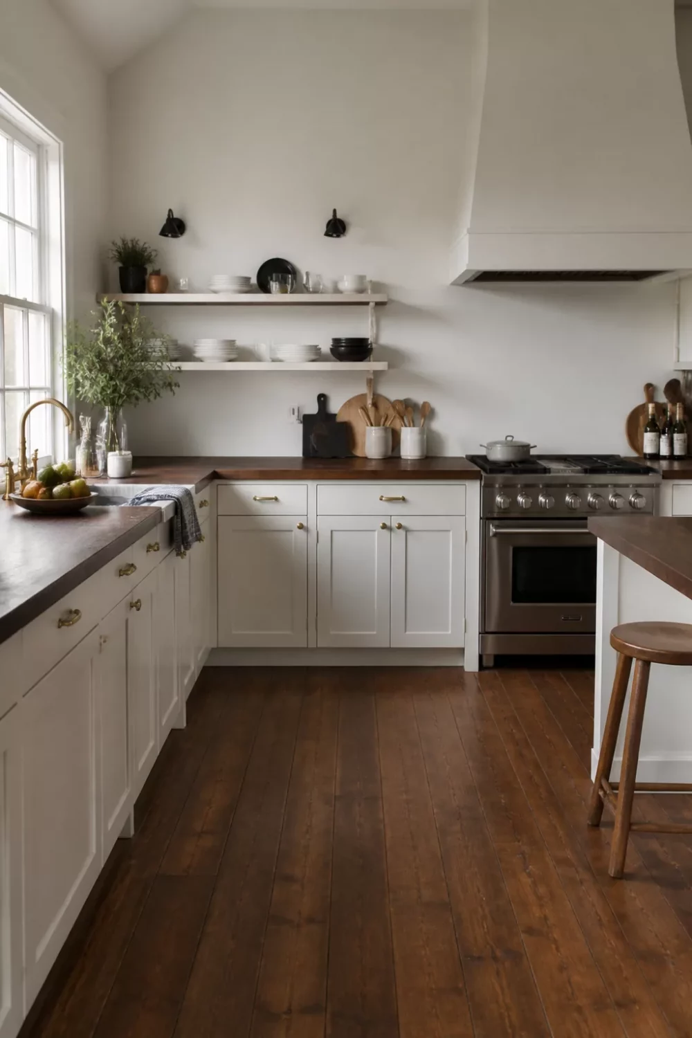 Dark wood kitchen countertops in walnut on white shaker cabinets with brass hardware and open shelving