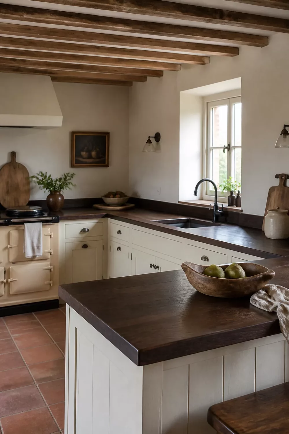Dark wood kitchen countertops with oiled finish on cream shaker cabinets, terracotta floor, and exposed beams in a farmhouse kitchen