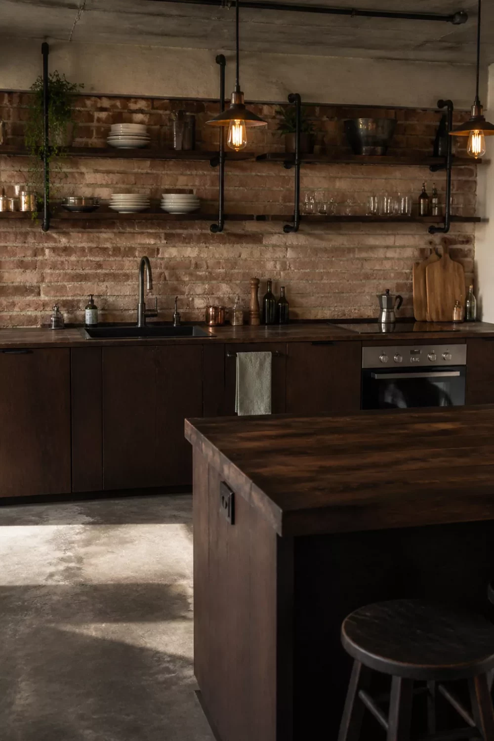 Dark wood kitchen countertops with exposed brick backsplash, black iron shelves, and Edison pendant lights