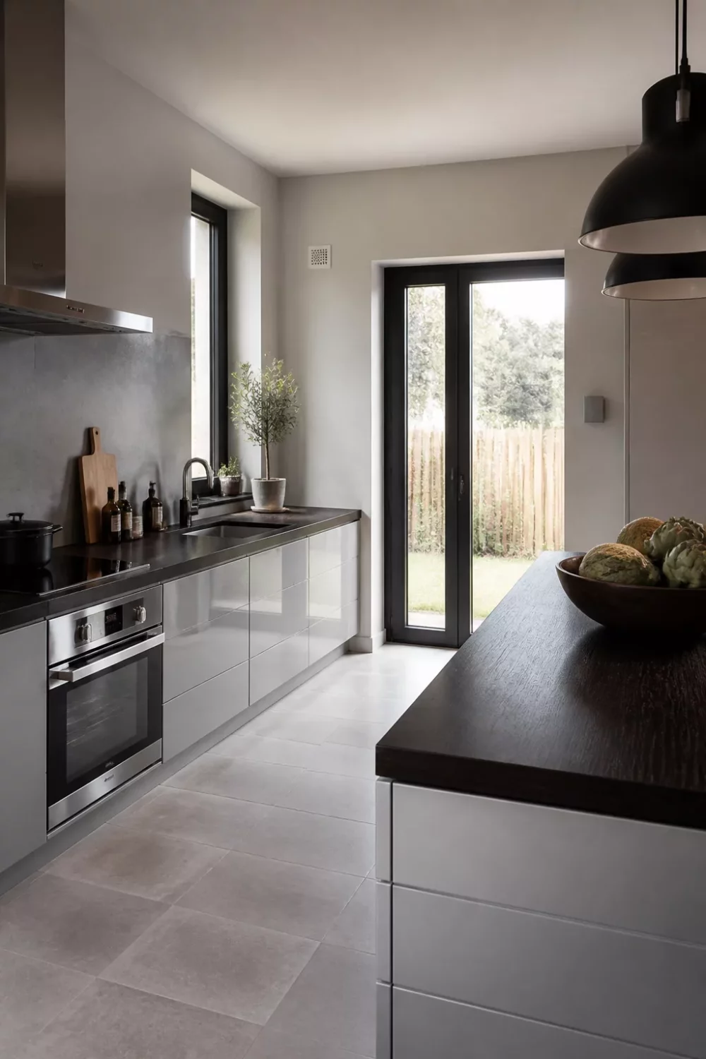 Dark wood kitchen countertops — wenge counter with gloss white handleless cabinets and stainless steel appliances