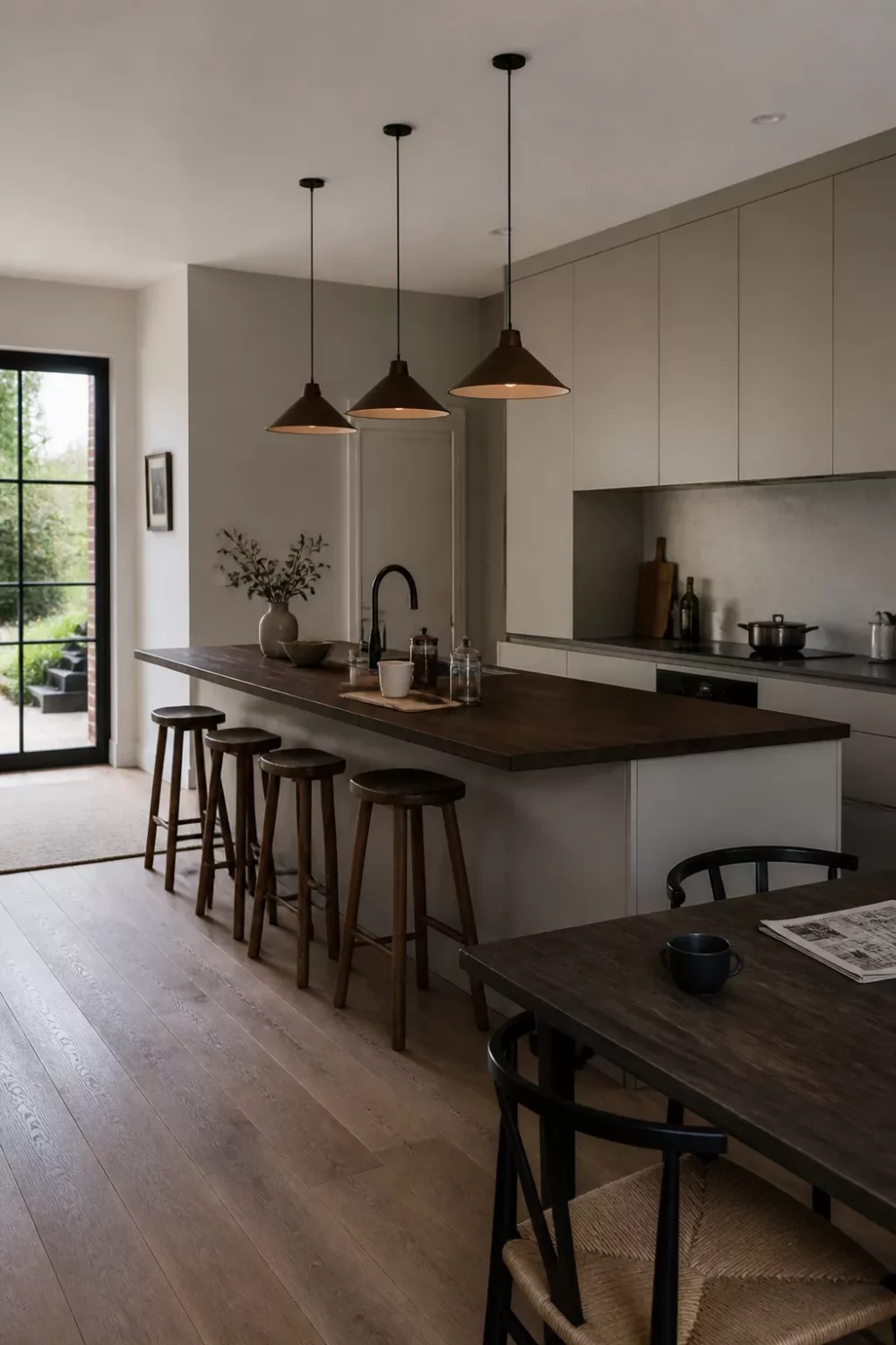 Dark wood kitchen countertops on a greige peninsula with bar stools and bronze pendants in a modern kitchen