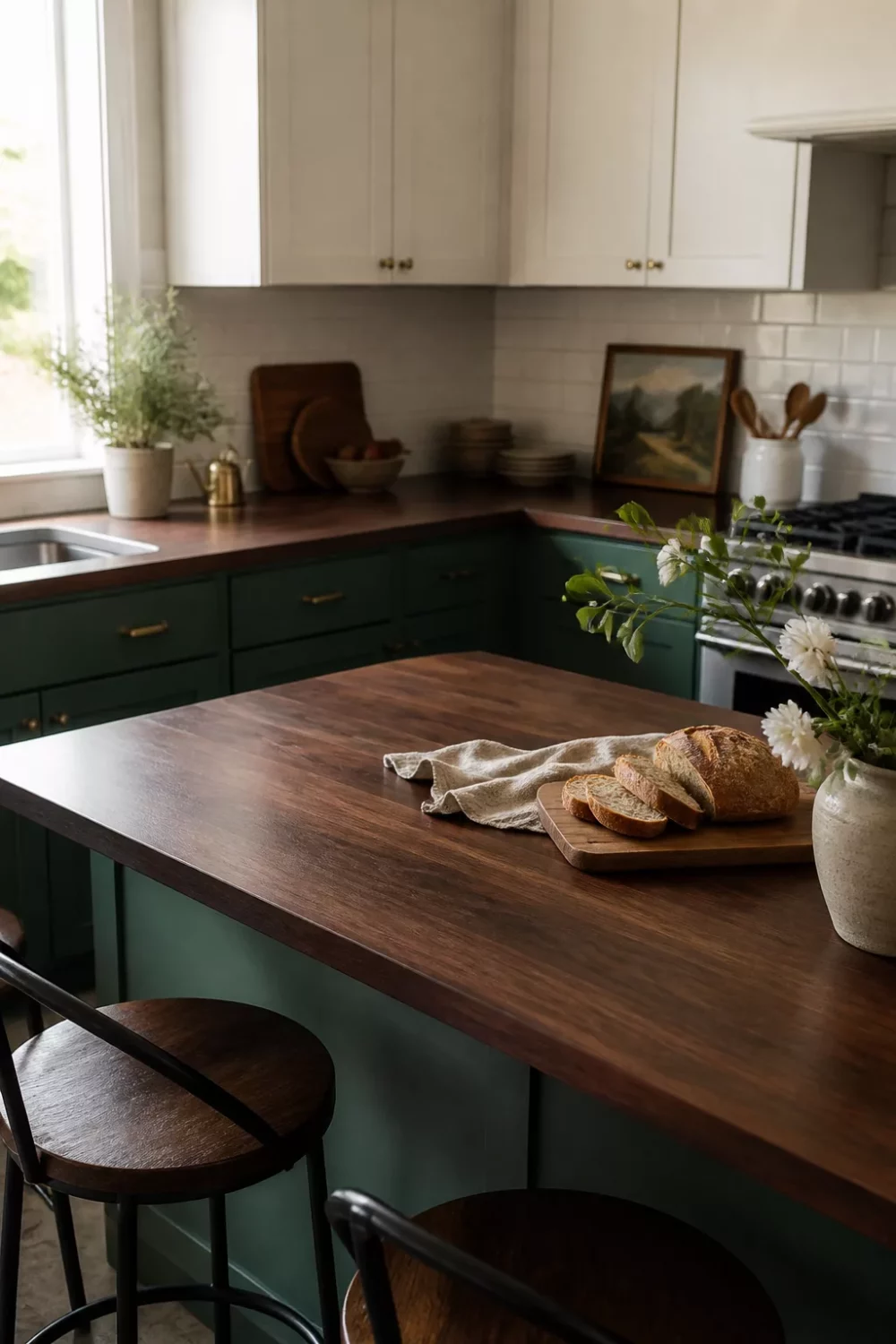 Dark wood kitchen countertops in oiled walnut paired with forest green lower cabinets and white uppers