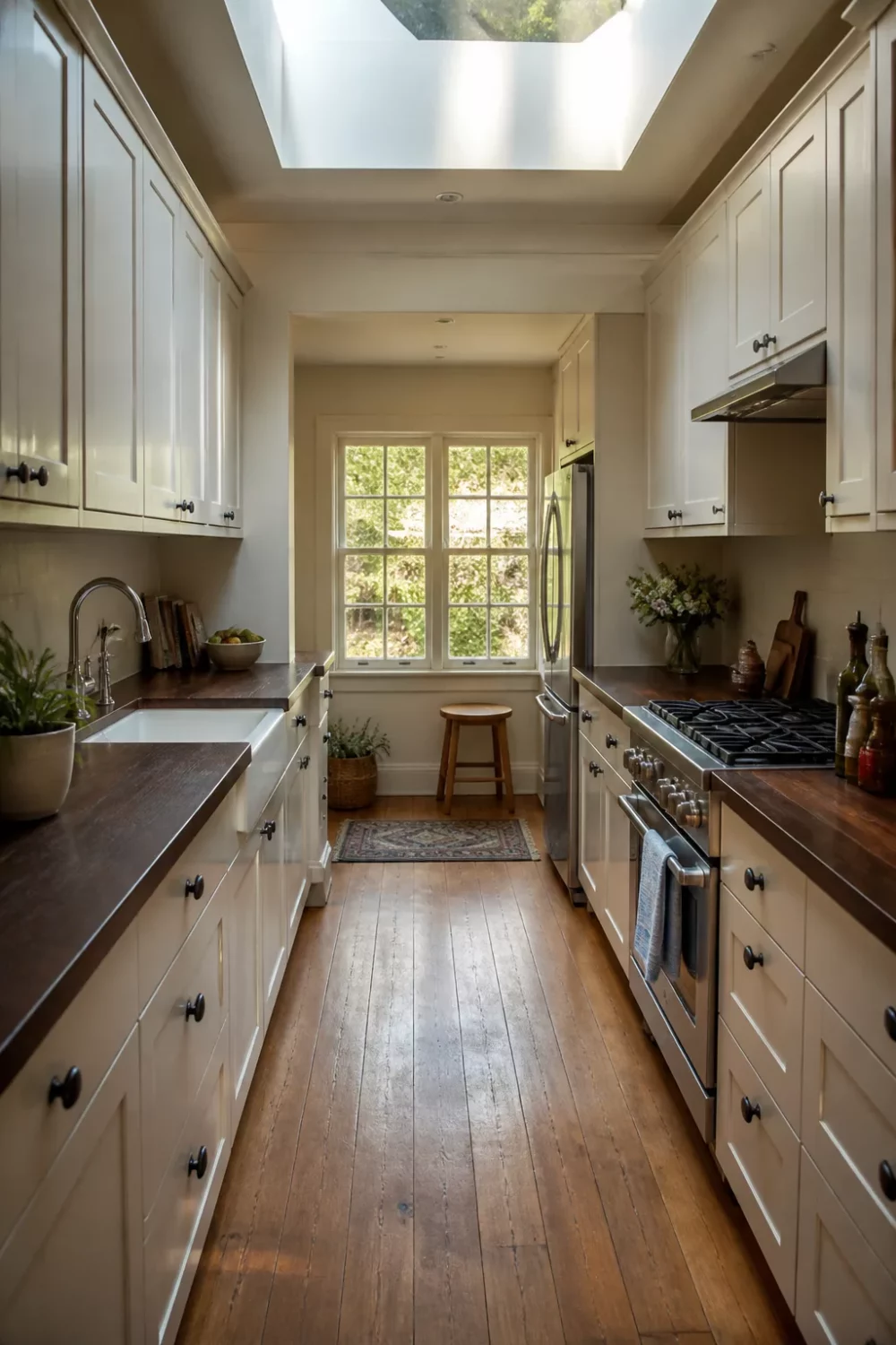 Dark wood kitchen countertops lining both sides of a white shaker galley kitchen with a skylight above.