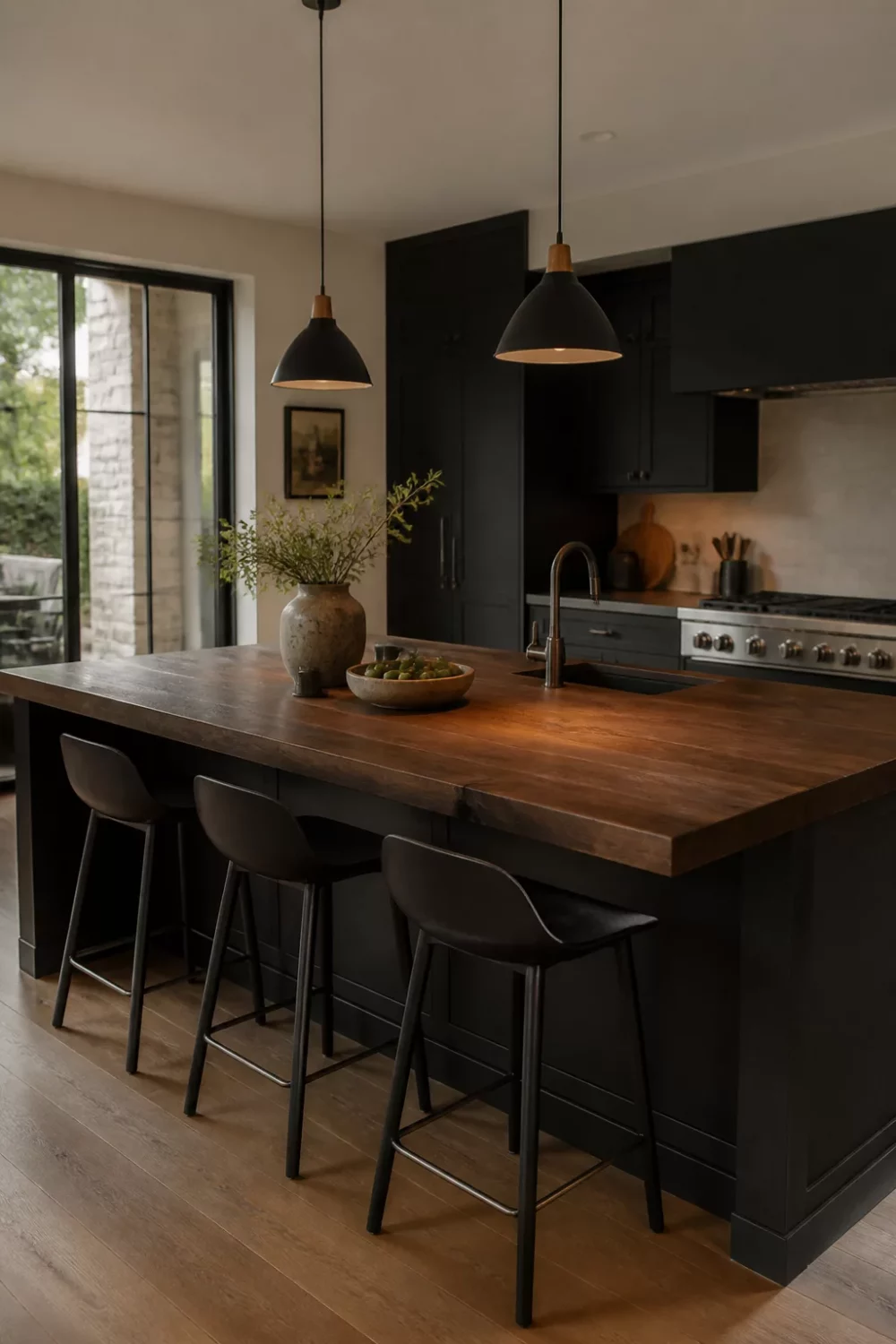 Thick butcher block dark wood kitchen countertop on a matte black island with pendant lights and bar stools