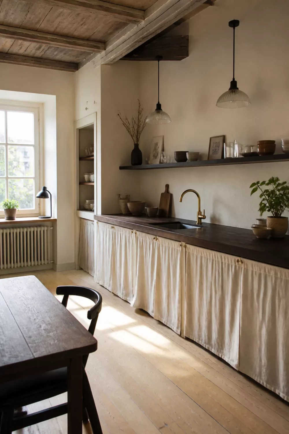 Dark wood kitchen countertop with integrated sink, linen-skirted base, brass faucet, and floating shelf in a rustic kitchen.
