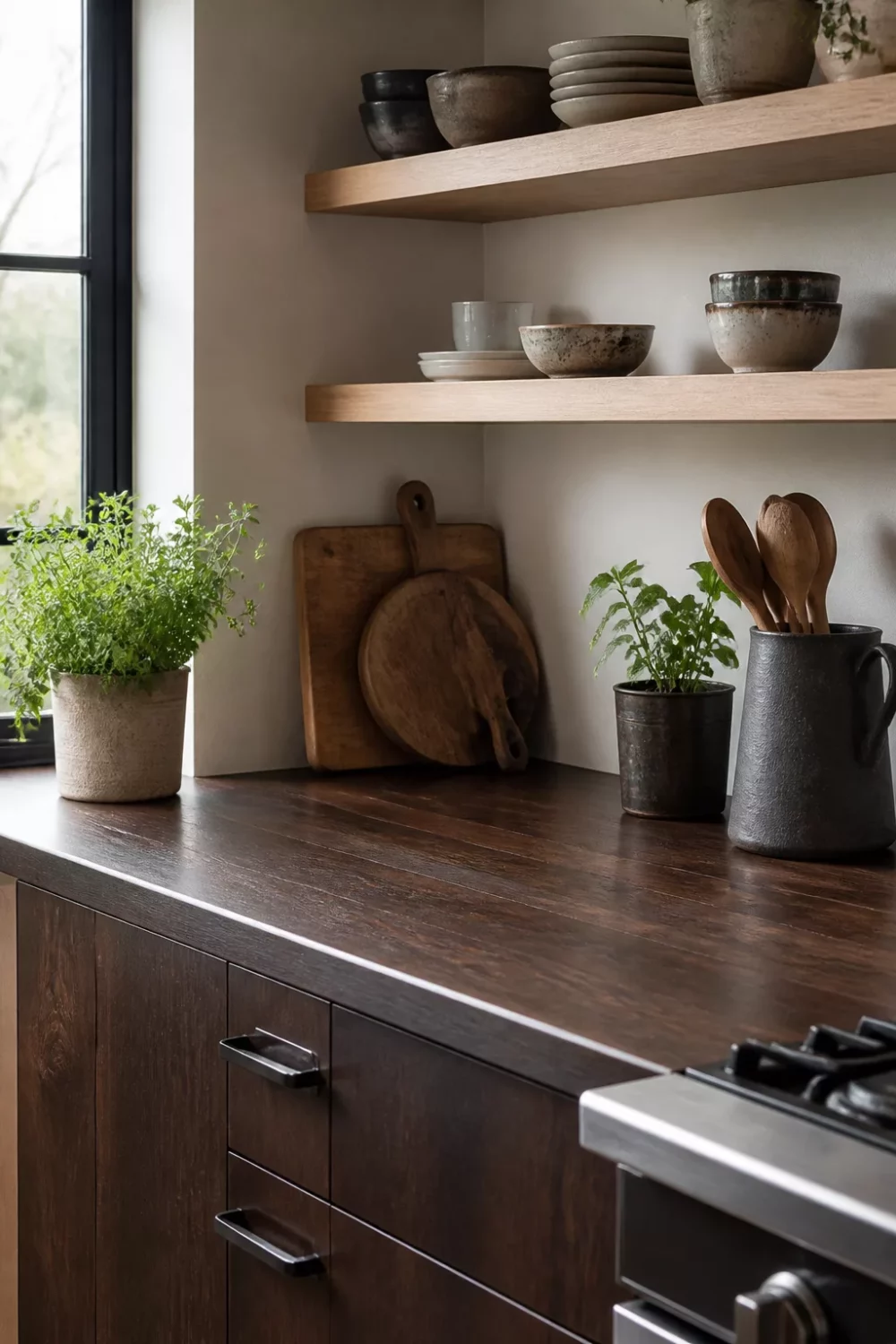 Dark teak kitchen countertop with light oak floating shelves, ceramic bowls, and herb pots — dark wood kitchen countertops idea