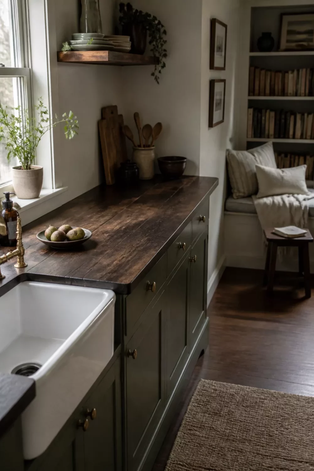 Dark wood kitchen countertops on sage green shaker cabinets with a white farmhouse sink and brass hardware