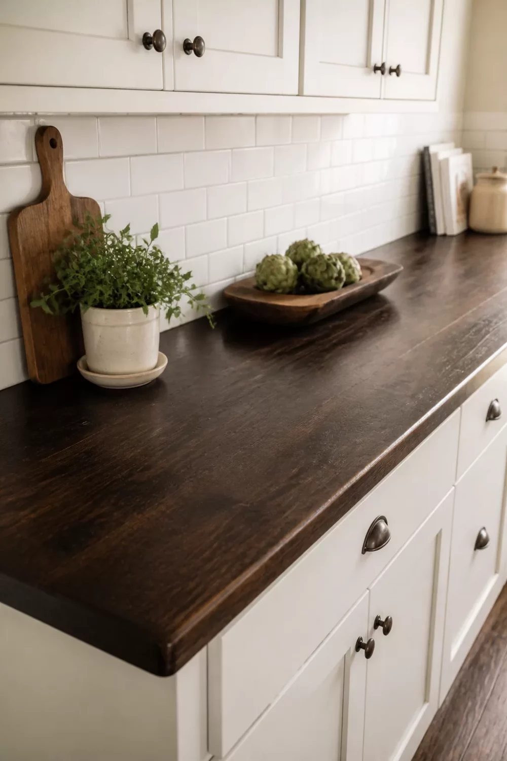 Dark wood kitchen countertops with white subway tile backsplash, white shaker cabinets, and antique bronze hardware.