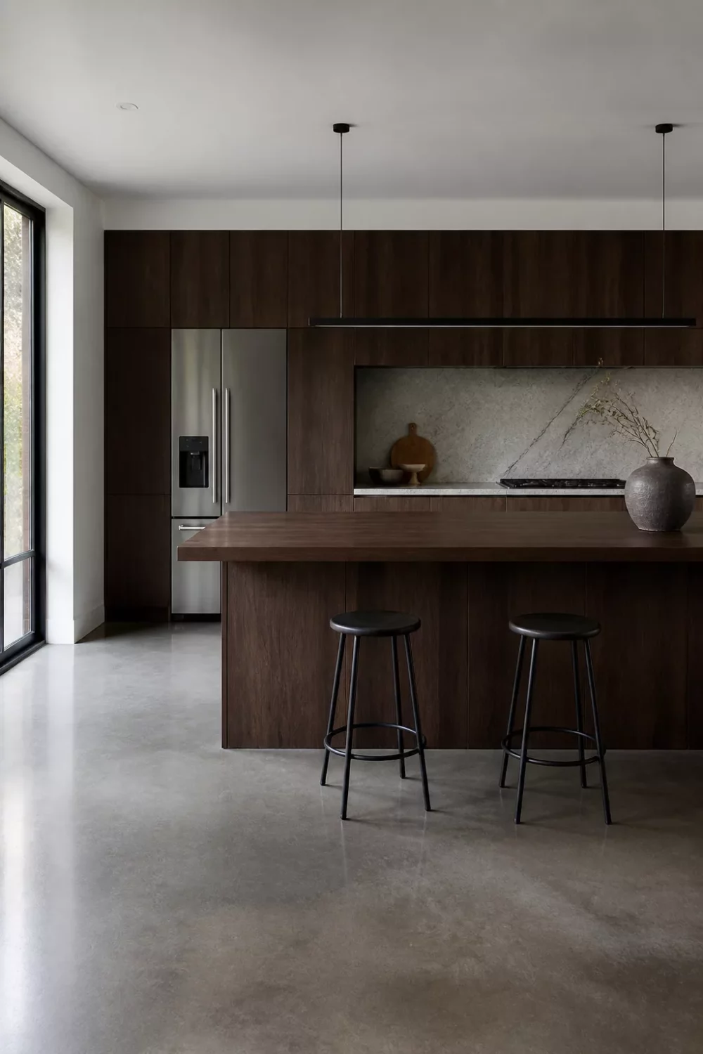 Dark wood kitchen countertops on a thin walnut breakfast bar island with polished concrete floor and dark cabinetry