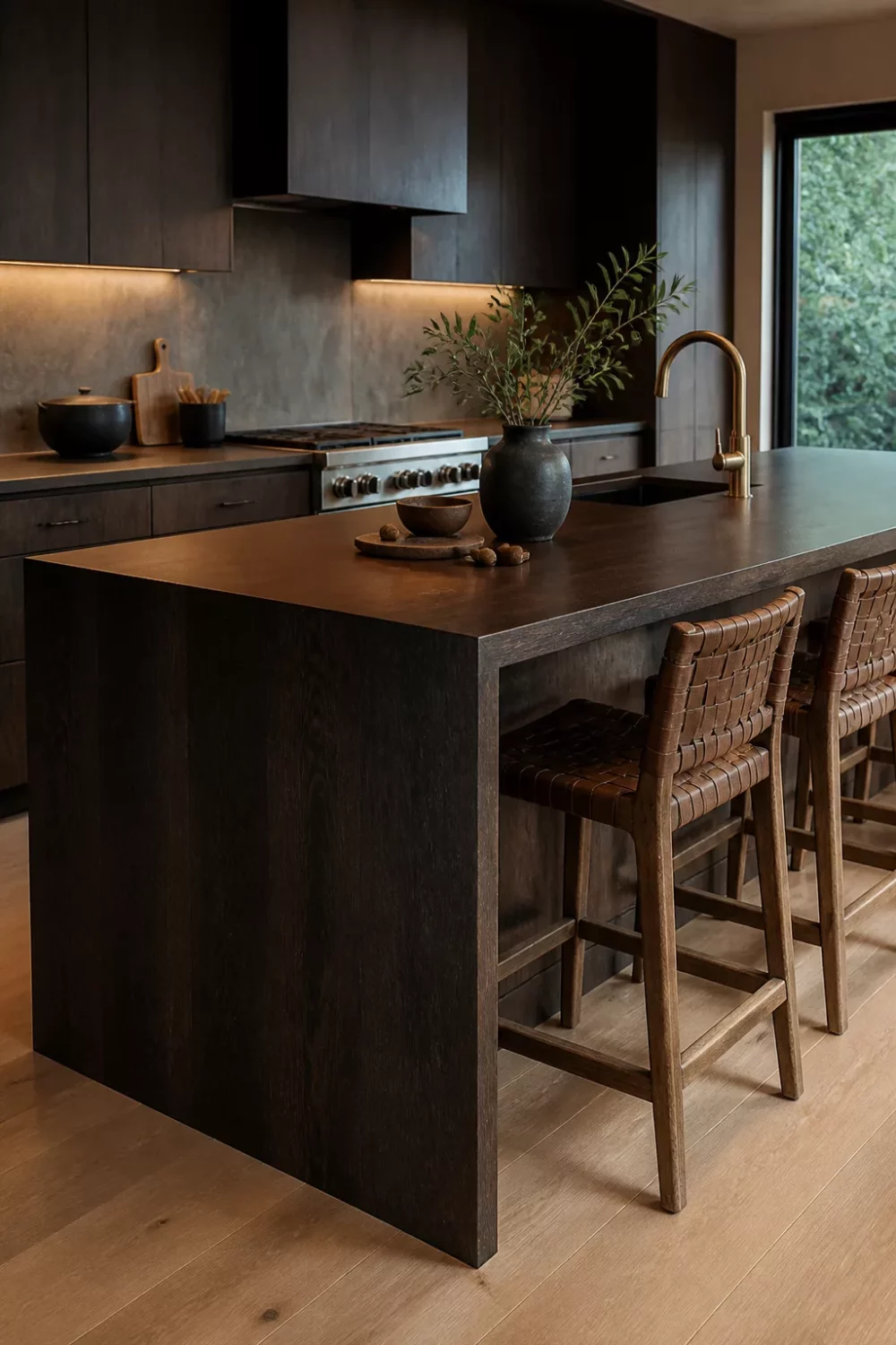 Dark wood kitchen countertops with waterfall edge island, woven leather stools, brass faucet, and dark flat-front cabinetry