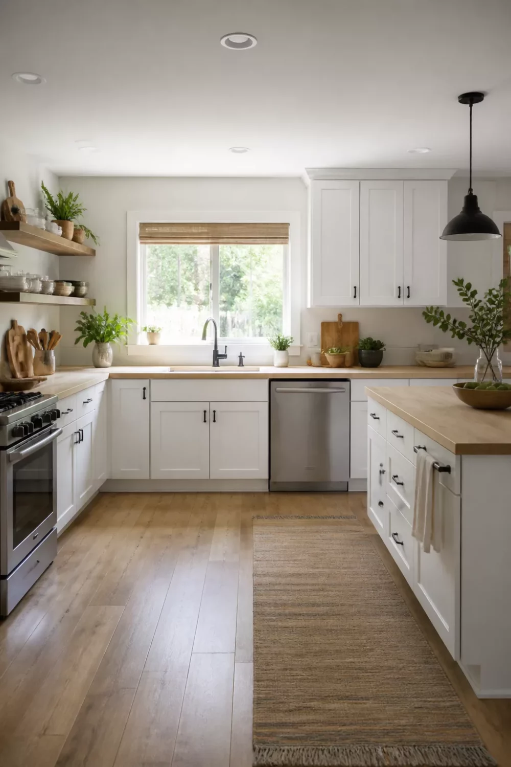 Light birch faux wood kitchen countertops with white shaker cabinets and black matte hardware