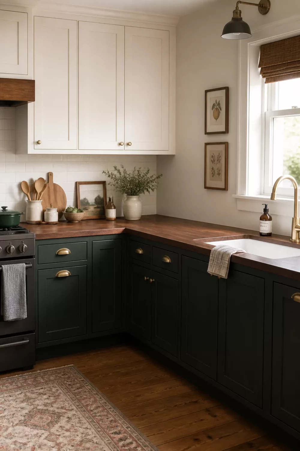 Dark green two-tone kitchen with chestnut faux wood kitchen countertops, brass hardware, and white upper cabinets.