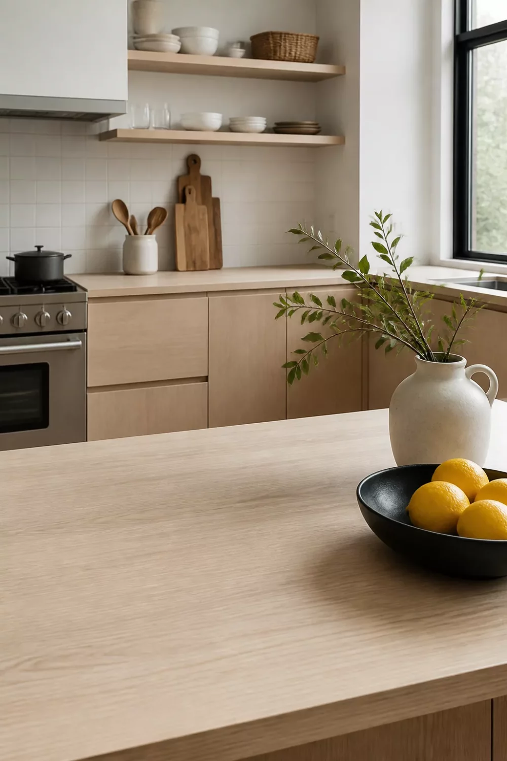 Blonde maple-look faux wood kitchen countertops with flat-front cabinets and minimalist open shelving