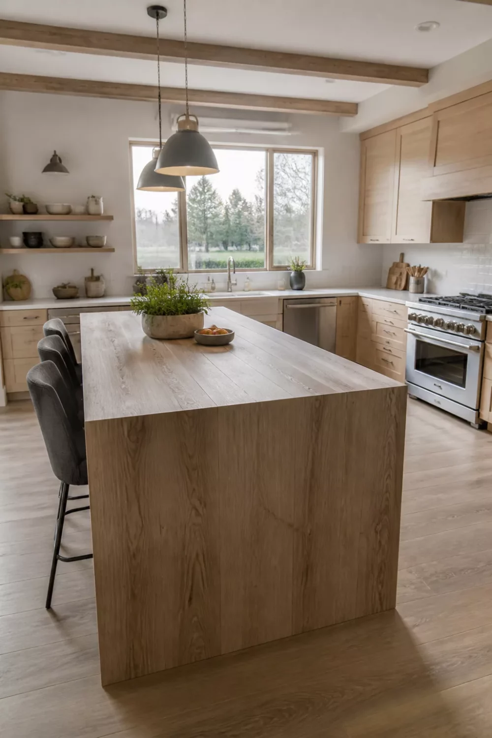 Faux wood kitchen countertop on a waterfall island with teak-look porcelain slab and light oak cabinetry