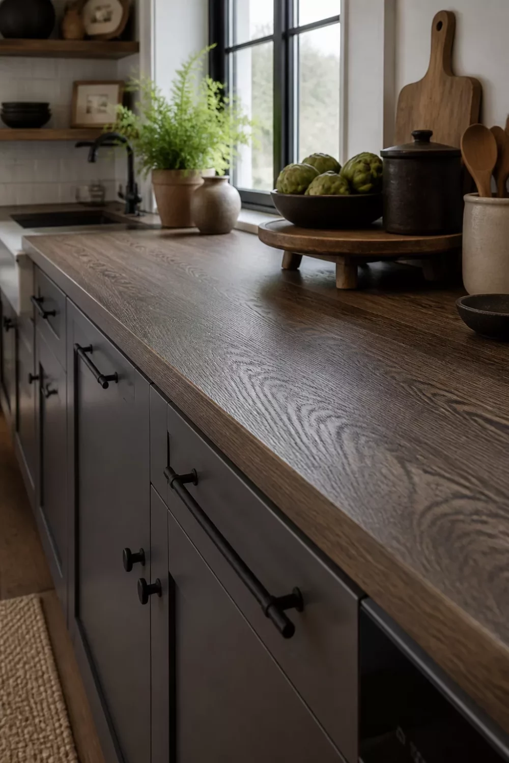 Smoked oak faux wood kitchen countertops with charcoal shaker cabinets and matte black hardware accents