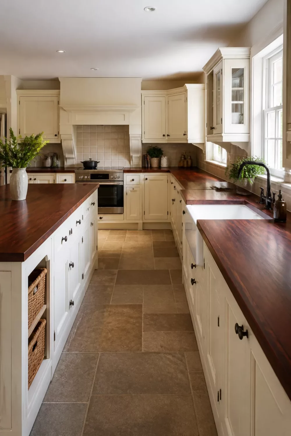 Rich mahogany faux wood kitchen countertops paired with cream shaker cabinets and matte black hardware in a traditional kitchen.