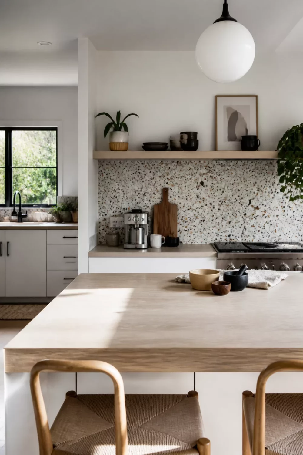 Cerused oak-look faux wood kitchen countertop on a white island paired with a terrazzo backsplash and floating shelf